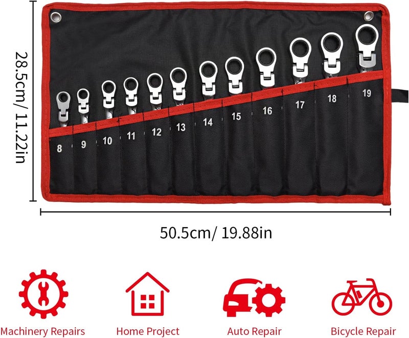 WISEUP 12Pcs Ratchet Wrench, CR-V Chrome-vanadium Steel 8-19mm Wrench, 180 ° Adjustable Combination Wrenches, Double-end Ratchet Wrench, Anti-slip Rust-proof, Labor-saving Tools - Image 2
